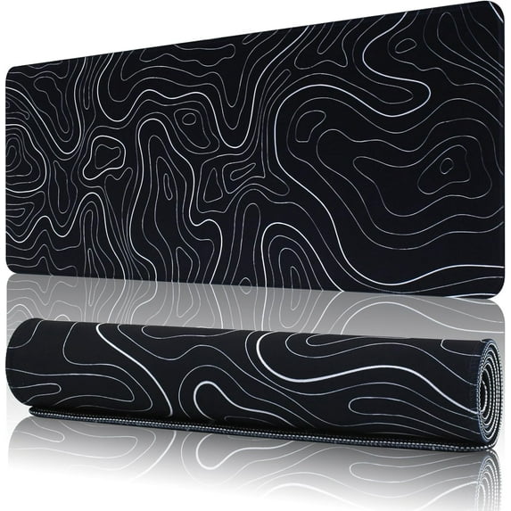 11.8x31.5 Inches Topographic Contour Large Gaming Mouse Pad Mat with Stitched Edge Non-Slip Rubber Base Washable Resilient for Office Computers Laptop Table Mouse Pads Mats Accessory (Black-1)