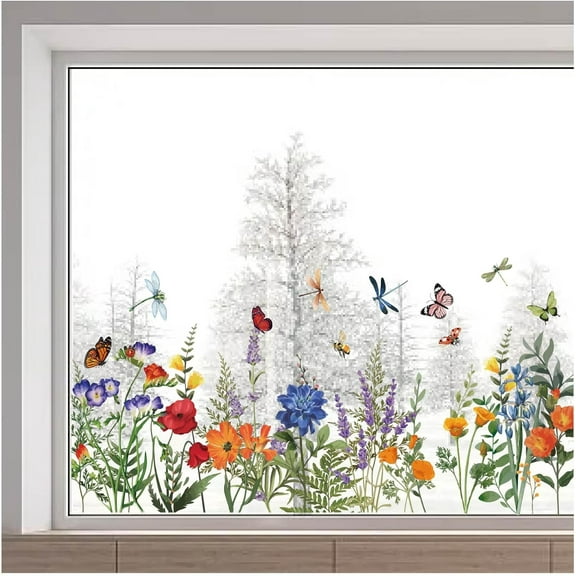 11.8x46.4 Inch Butterfly Flower Window Clings Floral Window Decals Spring Summer Dragonfly Anti Collision Wild Flower Window Static Window Film for Glass Window Display Decoration