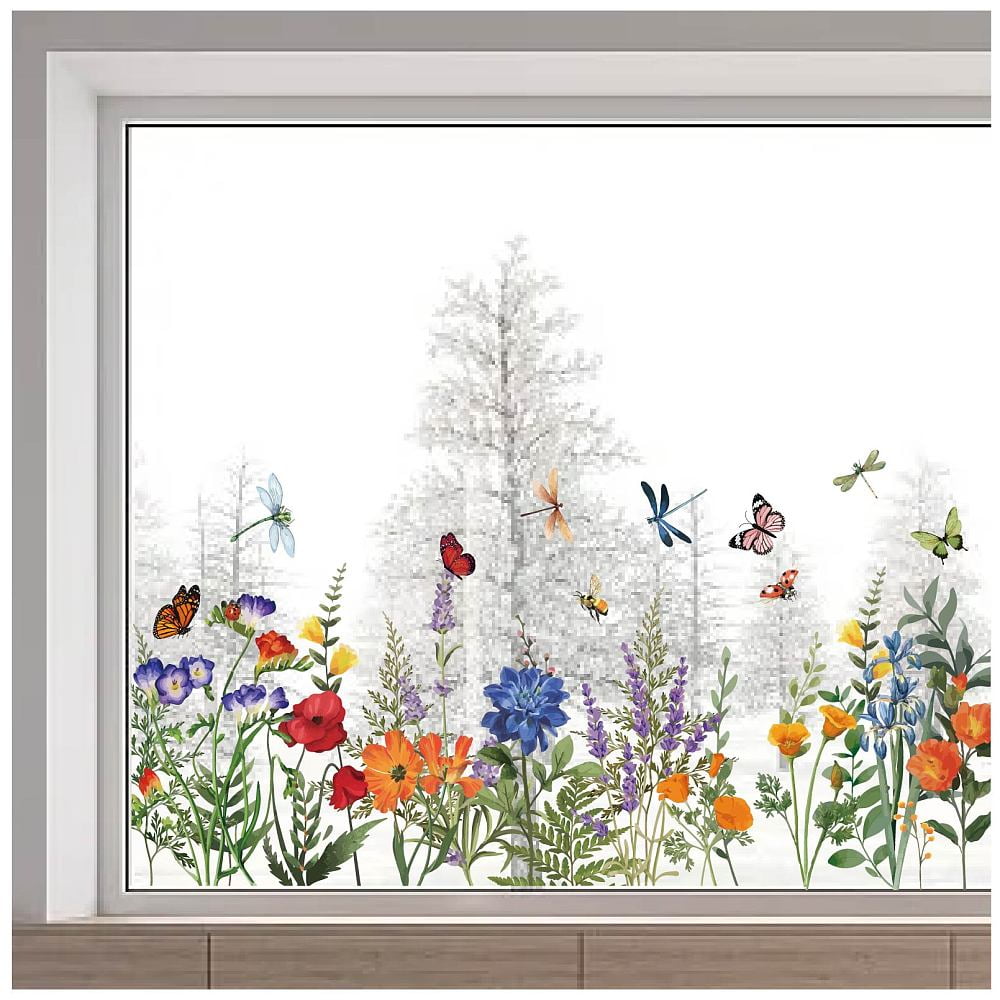 11.8x46.4 Inch Butterfly Flower Window Clings Floral Window Decals Spring Summer Dragonfly Anti Collision Wild Flower Window Static Window Film for Glass Window Display Decoration DIY
