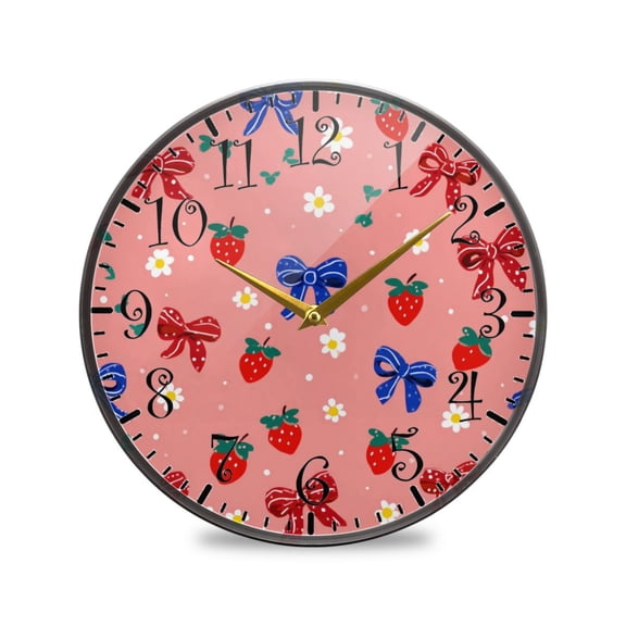 11.9in Acrylic Wall Clock with Glass-like Finish Round Clock for Home Decoration Bows and Strawberries Pattern
