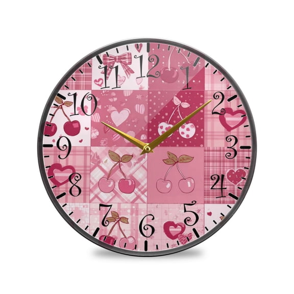 11.9in Acrylic Wall Clock with Glass-like Finish Round Clock for Home Decoration Cherry Pattern with Bows