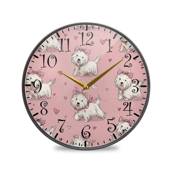 11.9in Acrylic Wall Clock with Glass-like Finish Round Clock for Home Decoration Dogs Wearing Bows