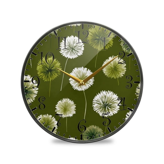 11.9in Acrylic Wall Clock with Glass-like Finish Round Clock for Home Decoration Green Dandelions Pattern