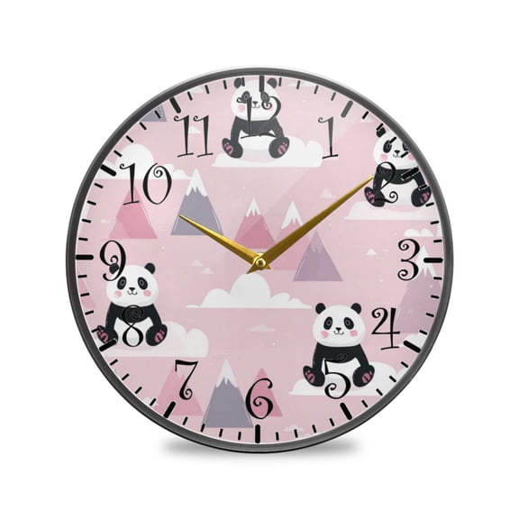 11.9in Acrylic Wall Clock with Glass-like Finish Round Clock for Home Decoration Panda and Clouds Pattern