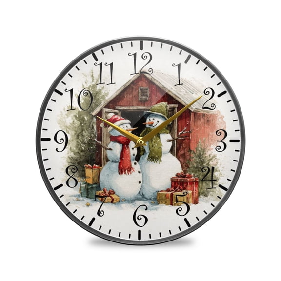 11.9in Acrylic Wall Clock with Glass-like Finish Round Clock for Home Decoration Watercolor Clipart Snowmen