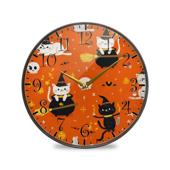 11.9in Acrylic Wall Clock with Glass-like Finish Round Clock for Home Decoration Cartoon Cats in Witches' Hats