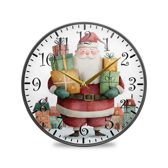 11.9in Acrylic Wall Clock with Glass-like Finish Round Clock for Home Decoration Santa Claus Holding Gifts
