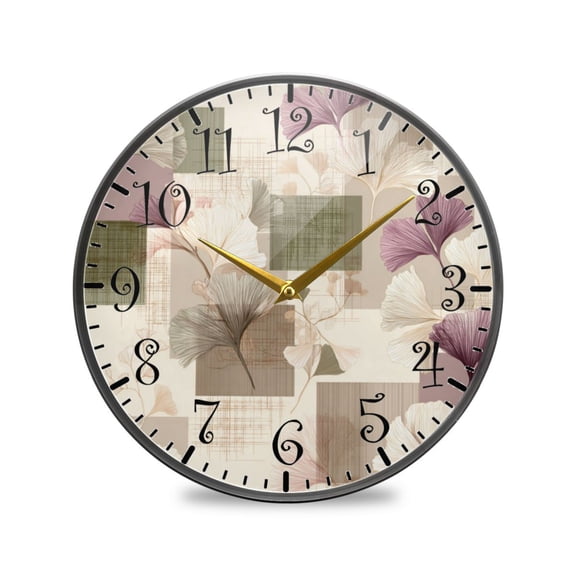11.9in Acrylic Wall Clock with Glass-like Finish Round Clock for Home Decoration Squares and Ginkgo Leaves Pattern