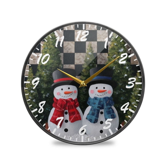 11.9in Acrylic Wall Clock with Glass-like Finish Round Clock for Home Decoration Two Snowmen Pattern