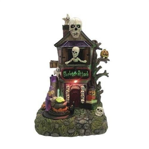 11" Animated Musical Skeleton Attack Village Building Tabletop Halloween Deco