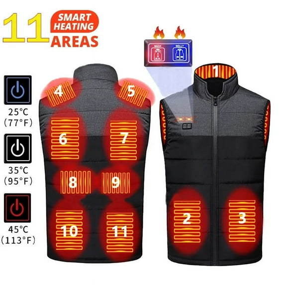 11 Areas Heated Jacket for Men&Women,USB/DC Electric Smart Heating Vest Zipper Washable Insulated Safety Outdoor Hunting Hiking