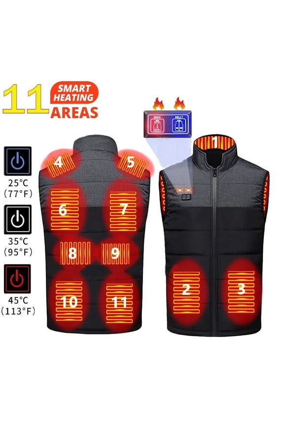 11 Areas Heated Jacket for Men&Women,USB/DC Electric Smart Heating Vest Zipper Washable Insulated Safety Outdoor Hunting Hiking