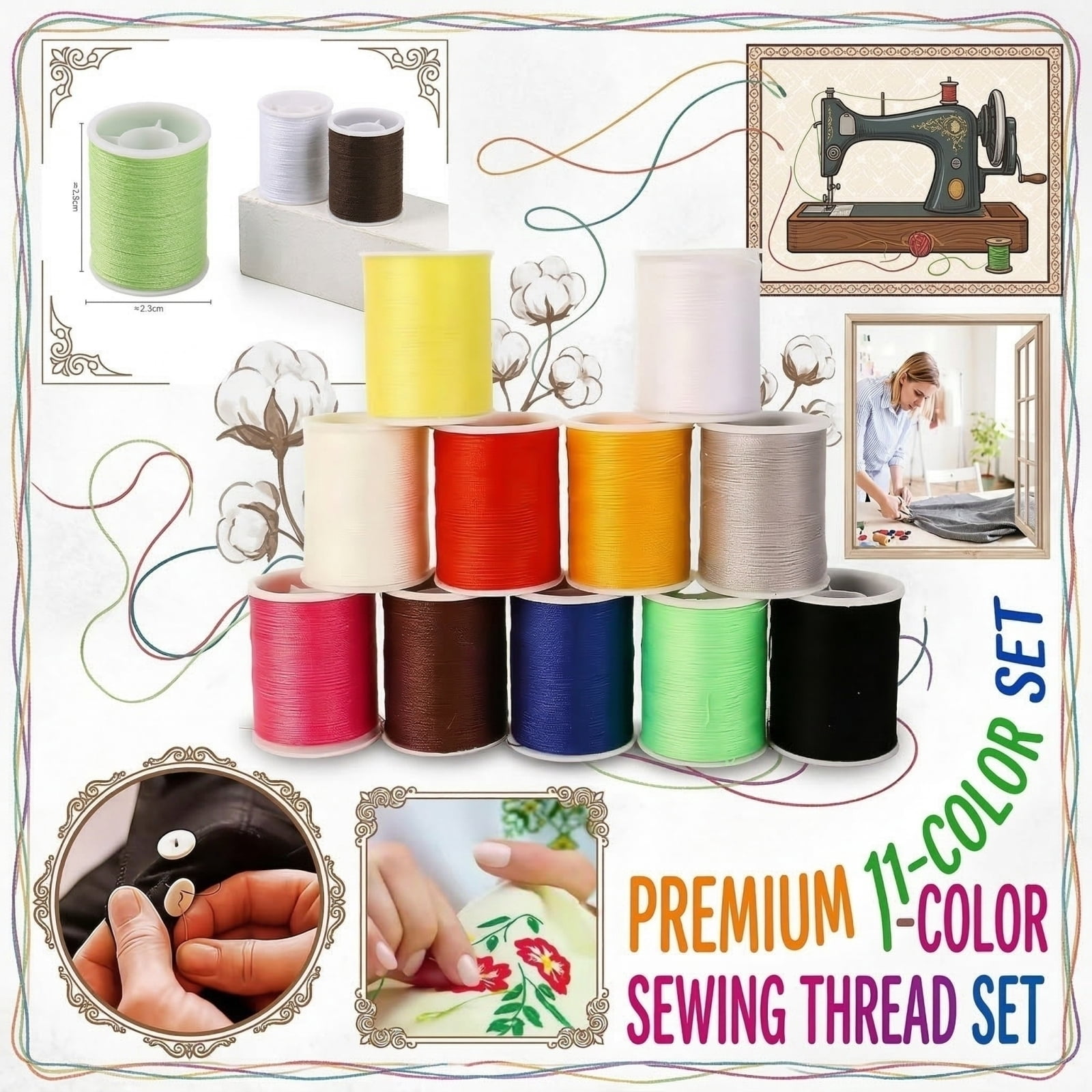 11 Assorted Colors Polyester Sewing Thread Spools Set, Heavy Duty High ...