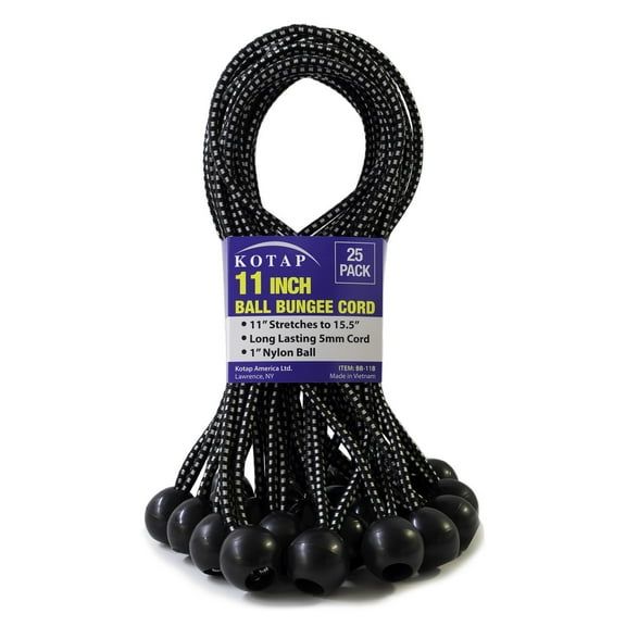 Kotap 11" Ball Bungee Cords 25-Pack, Heavy-Duty & Versatile, Indoor & Outdoor, Tarp Tie-Down, Organize & Secure BB-11B