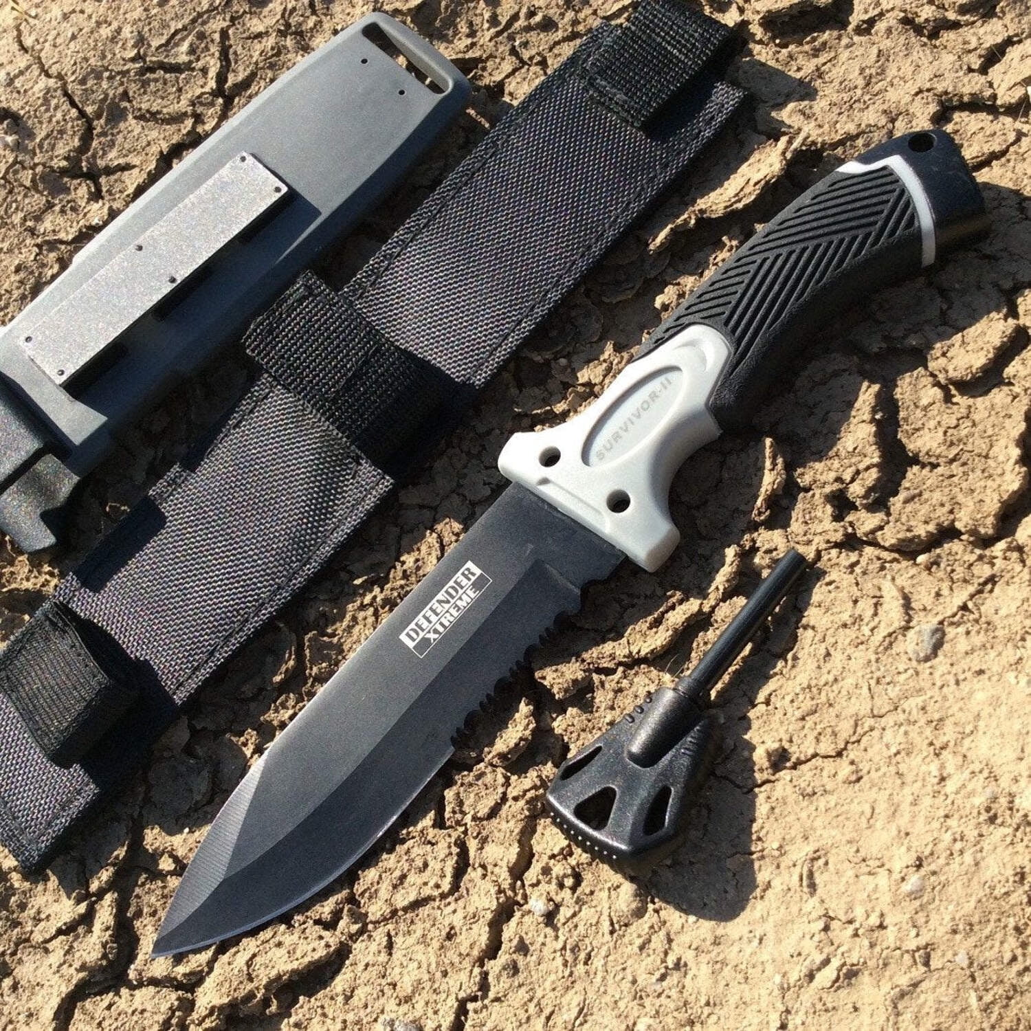 11" Black Survival II Knife With Blade Sharpener, Fire Starter  Sheath