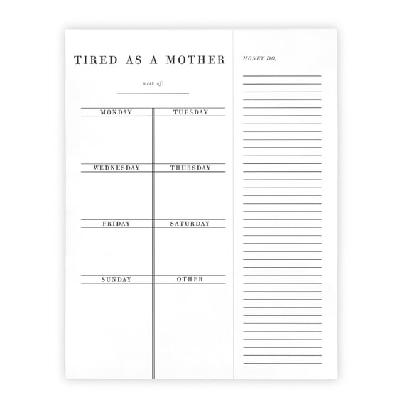 11" Black and White Rectangular Paper Weekly Planner with "Mother" Design