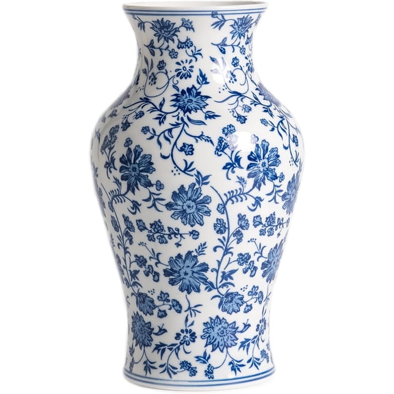 11" Blue and White Chinoiserie Porcelain Vase, Floral Decor for Entryway or Coffee Table