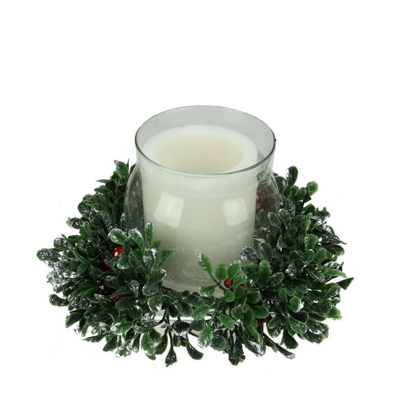 11" Boxwood and Berry Silver Tipped Christmas Hurricane Pillar Candle Holder