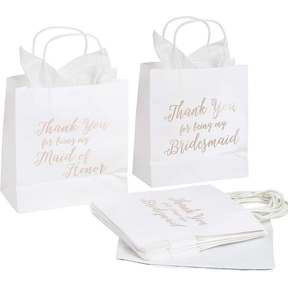 11 Bridesmaid and 1 Maid of Honor Thank You Paper Gift Bag, Rose Gold Foil Text, Includes 20 Sheets of Tissue Paper, Perfect for Bridal Party Favors, White, 9 x 8 x 4 Inches