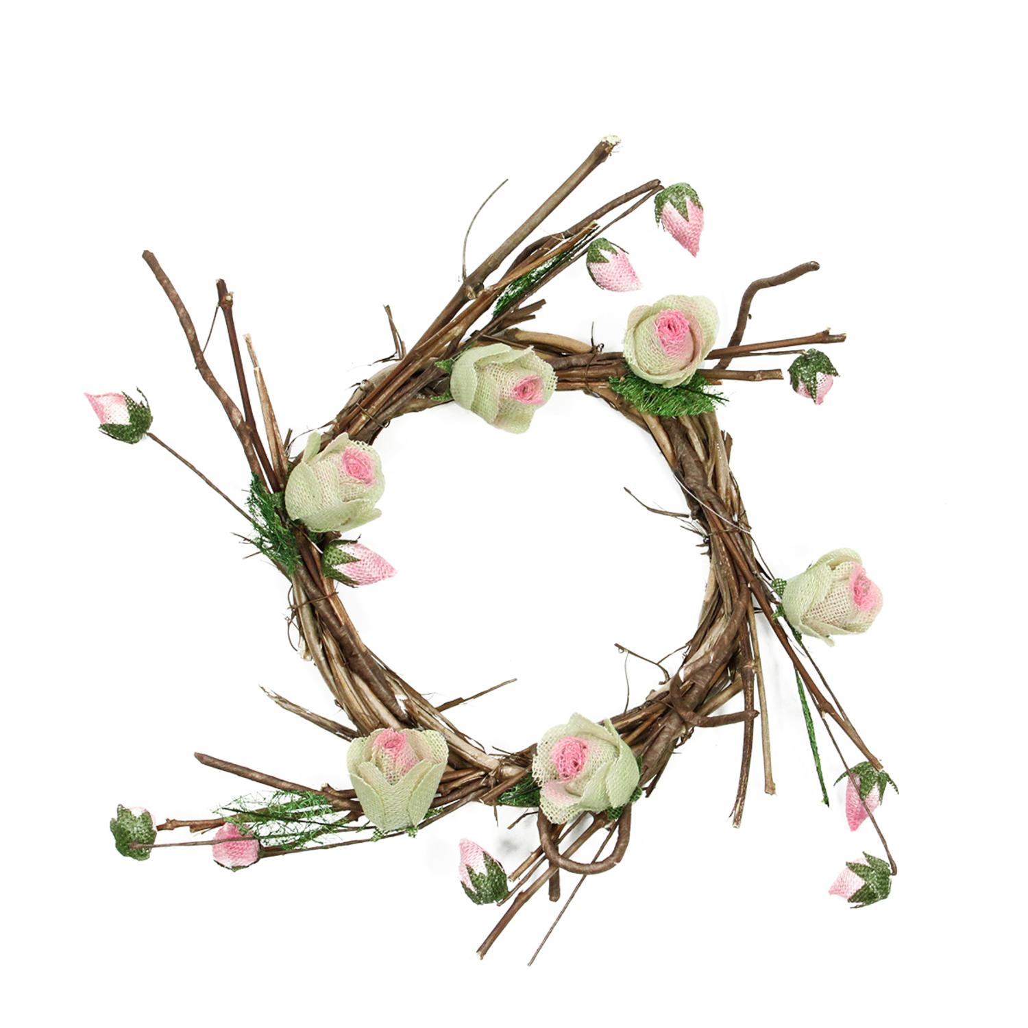 11" Brown Cream and Pink Decorative Artificial Spring Floral Twig Wreath - Unlit