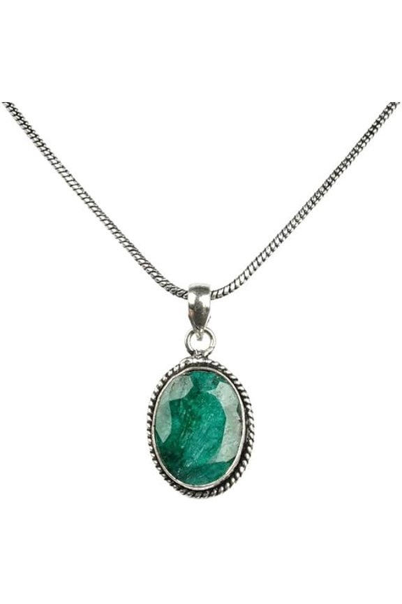 11 Carat Genuine Green Emerald (Panna) Oval Pendant in 925 Sterling Silver for Women