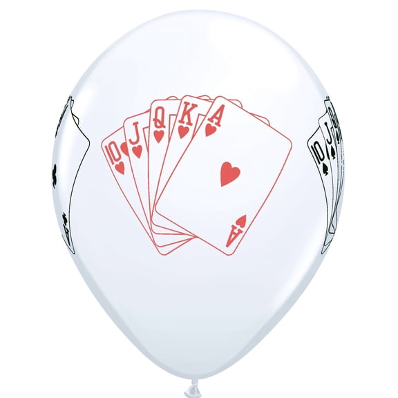 11" Casino Night Straight Flush 4 Sided Print White Latex Balloons 5 Count - Hearts, Diamonds, Clubs and Spades