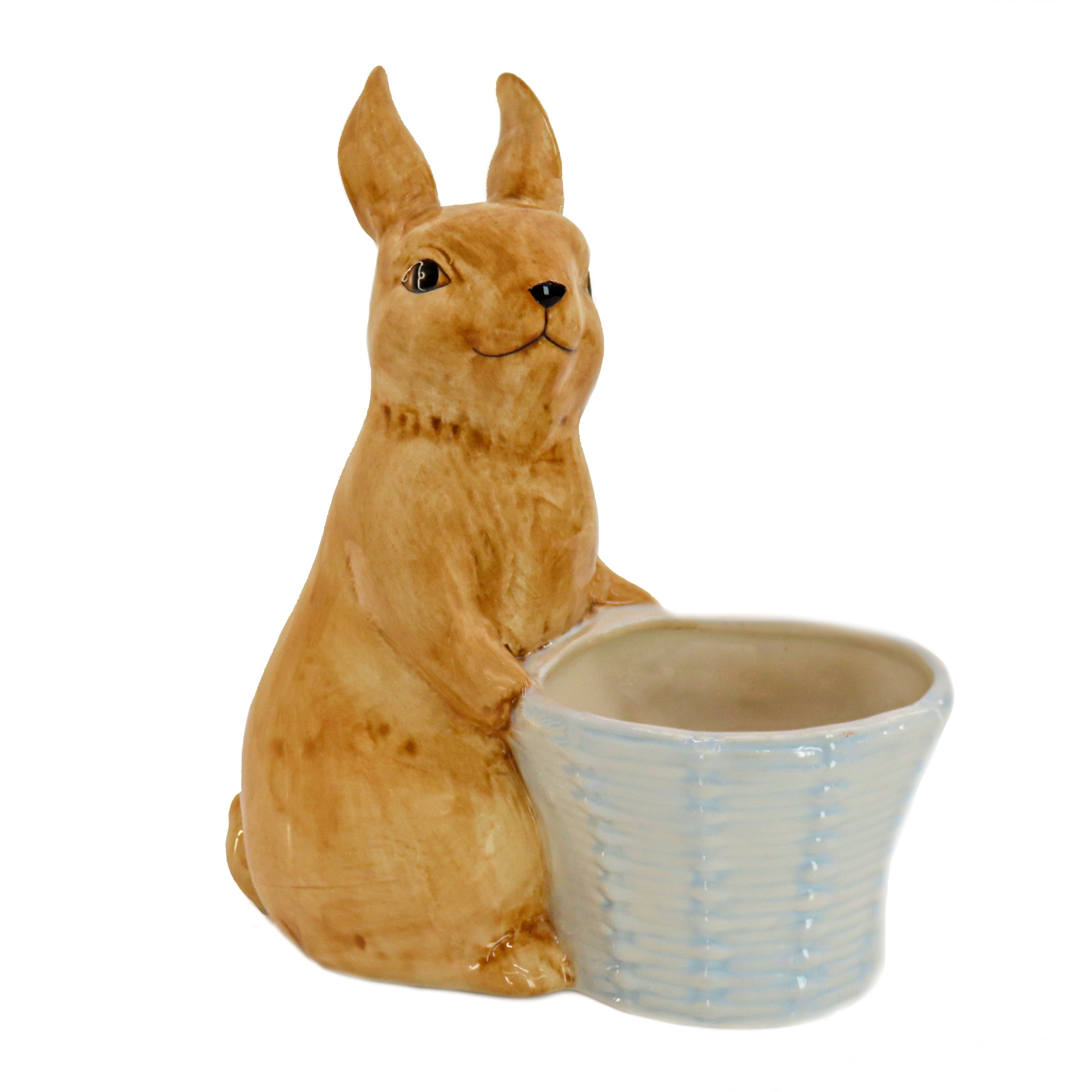 Hand-Painted Brown Ceramic Bunny with White Basket, 11 Inches