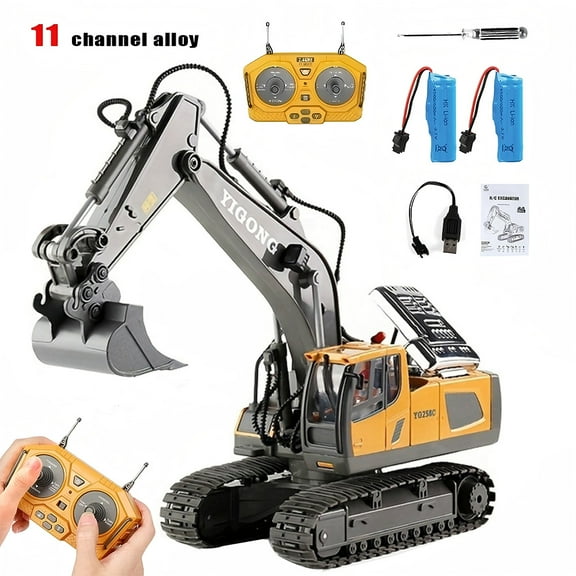 11 Channel Remote Control Excavator,1:20 RC Construction Vehicles Toys,2.4Ghz 680 Rotation Sand Digger Truck with Metal Shovel for Boys Kids Age 6+ Year Old, 2 Batteries
