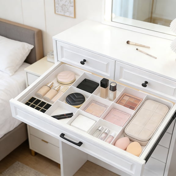 11 Compartments Expandable Drawer Storage Box with Removable Dividers, Depth 10.43 inches, Max Length 20.28 inches, Suitable for Makeup Tables