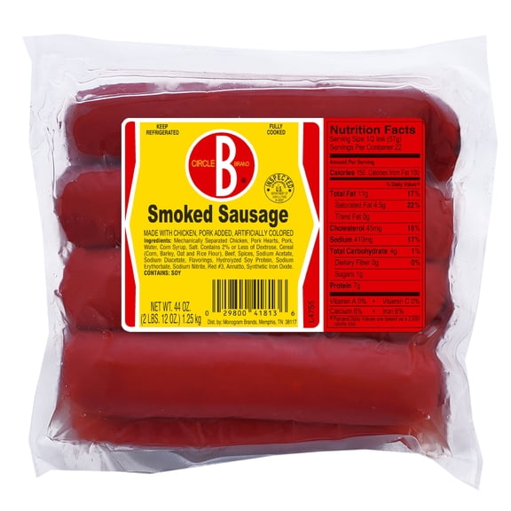 11 Count 44 oz Circle B Mild Smoked Sausage Links - Refrigerated in Plastic Wrapped Package with 14g of Protein per Link