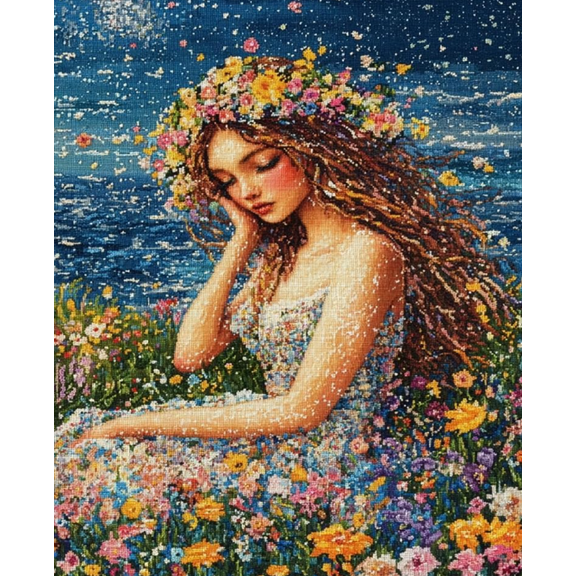 11 Count Stamped Cross Stitch Kits for Adults Beginners, Hand Embroidery Ornaments kit Embroidery Flower Fairy in a Sea of Flowers 16x20 inch