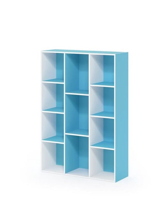 11-Cube Reversible Open Shelf Bookcase, White & Light Blue