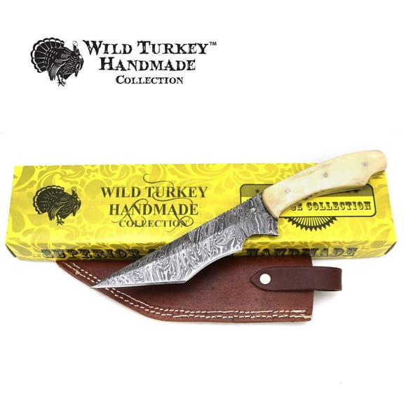 11" Damascus Fixed Blade Bone Handle Hunting Knife with Leather Sheath