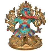 11" Dashabhujadhari Yoddha Ganesha In Brass | Handmade | Made In India - Brass Statue with Inlay