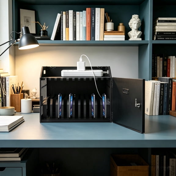 11-Device Portable Charging Station with Lock, Locking Laptop Storage Box, Lockable Cabinet for Classroom, Office