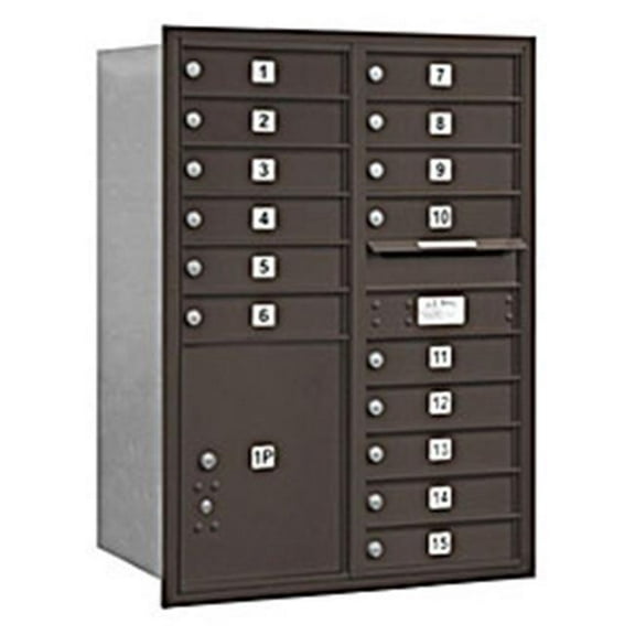11 Door High Recessed Mounted 4C Horizontal Mailbox with 15 Doors and 1 Parcel Locker in Bronze with USPS Access - Rear Loading