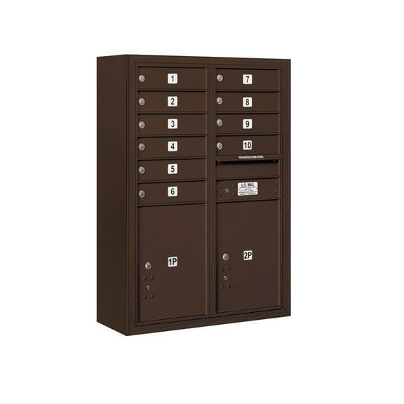 11 Door High Surface Mounted 4C Horizontal Mailbox with 10 Doors and 2 Parcel Lockers in Bronze with USPS Access