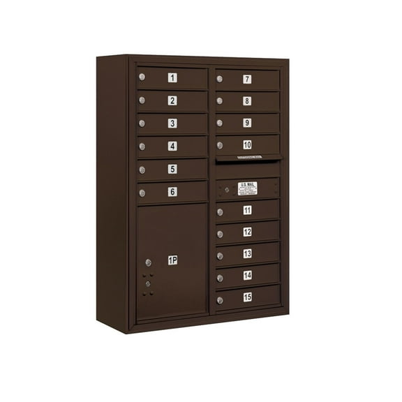 11 Door High Surface Mounted 4C Horizontal Mailbox with 15 Doors and 1 Parcel Locker in Bronze with USPS Access