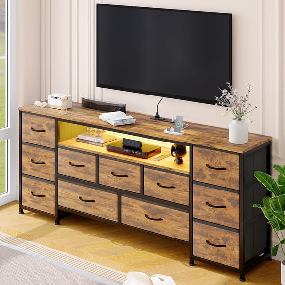 11 Drawer Dresser with Power Outlets & LED Lights, 63 Inch TV Stand for 65-70 Inch TV, Entertainment Center with Storage Shelves, Wide Chest of Drawers for Living Room, Bedroom