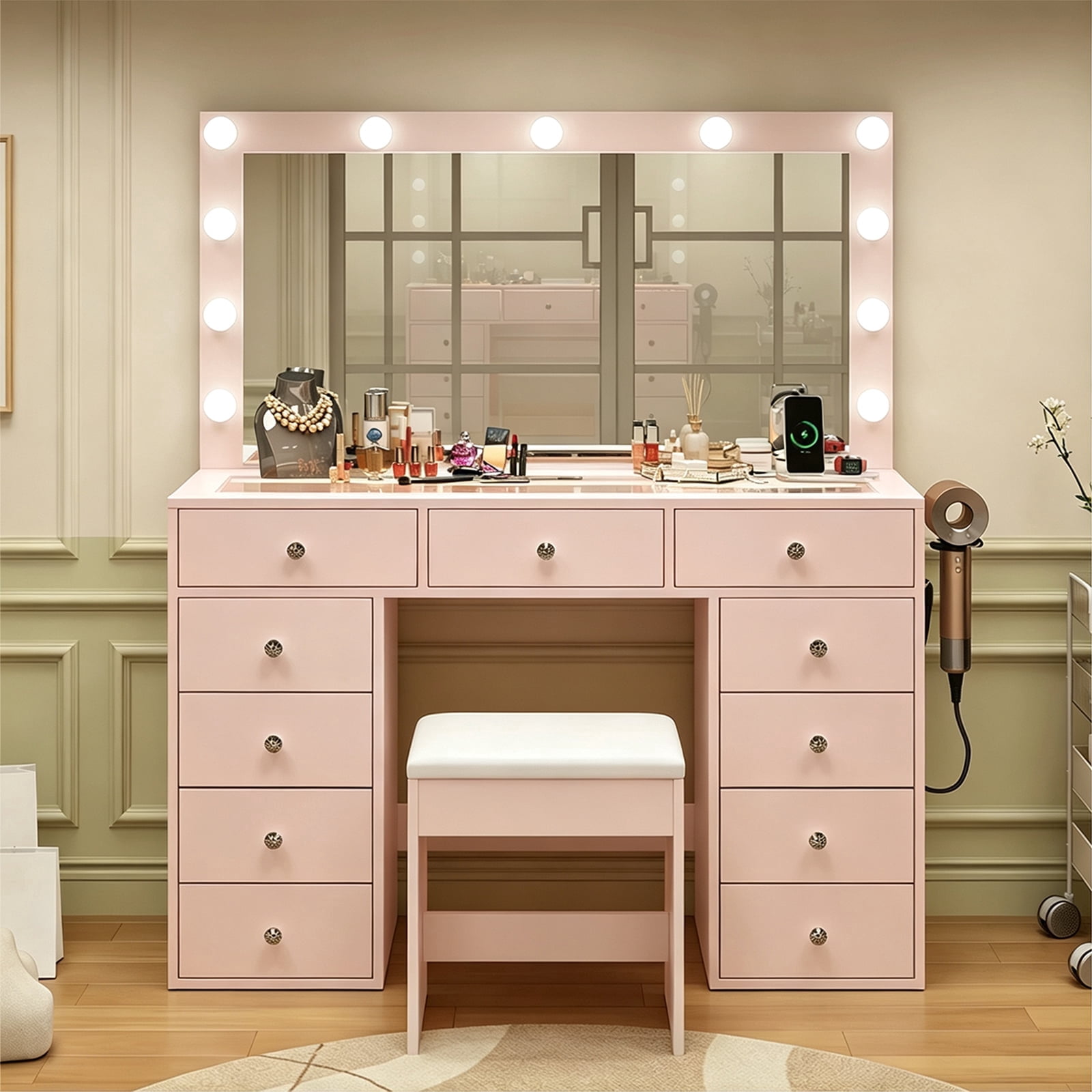 11 Drawers Makeup Vanity Table with Hollywood Lighted Mirror, Tempered