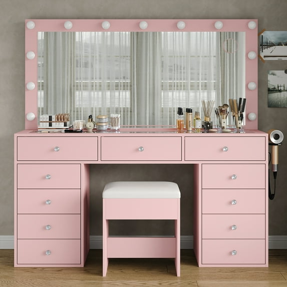 11 Drawers Vanity Desk, Makeup Vanity with Power Outlet, Vanity Table with Mirror and LED Bulbs, 3 Color Lighting Modes, Glass Top, Dressing Table for Bedroom