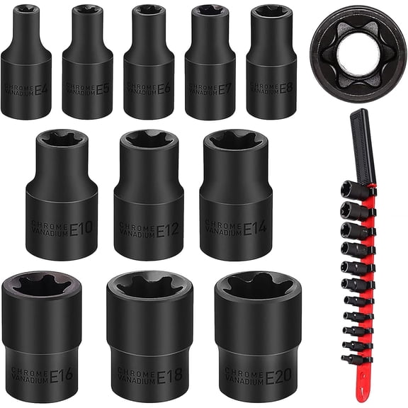 11- E-Torx Socket Set -  Sockets Set with Socket Rail, External Torx Socket with Organizer, External Socket-Set, E4 E5 E6 E7 E8 E10 E12 E14 E16 E18 E20 Reverse Sockets Set