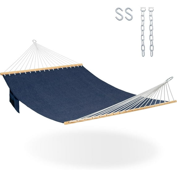 11 FT Double Outside Hammock Quick Dry Olefin Fabric Hammock with Spreader Bar & Chains Outdoor Poolside Backyard 450 lbs Capacity, Navy Blue