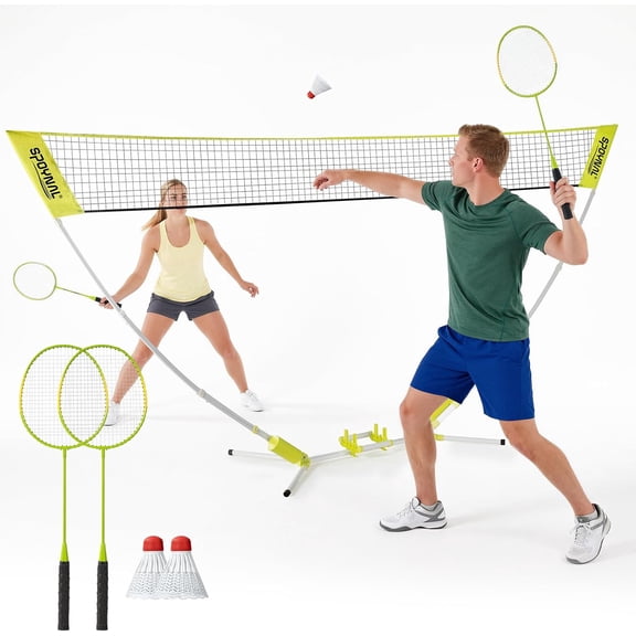 11 FT Easy Setup Badminton Set with Foldable Net Base, Portable Badminton Net Set with 2 Rackets & 2 Shuttlecocks for Backyard, Lawn, Beach, Camping & Outdoor Games