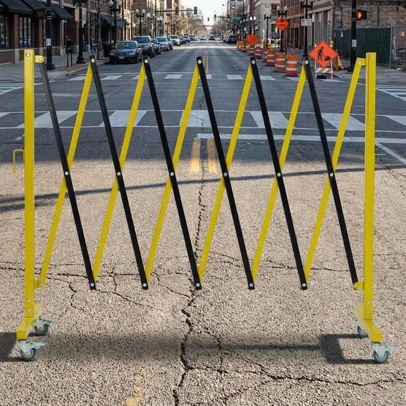11 FT Industrial Expandable Metal Barricade, Black & Yellow Mobile Safety Gate, Retractable Traffic Fence with Casters