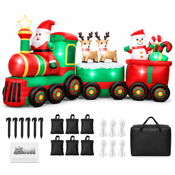 11 FT Long Christmas Inflatables Train with Santa Claus Reindeer Snowman Outdoor Decorations Blow Up Yard with Built-in LEDs for Lawn Garden Holiday Indoor Party Decor