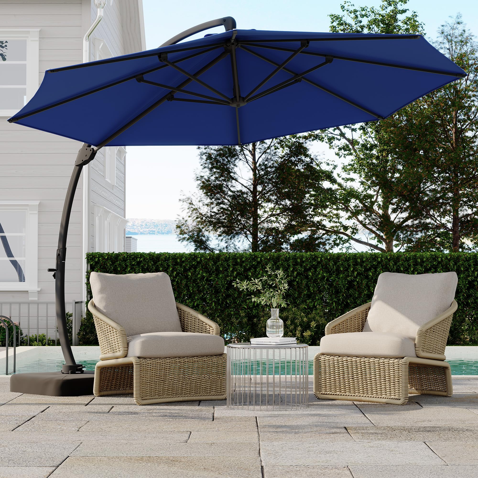 11 FT Outdoor Patio Umbrella with Base, Aluminium Curved Cantilever Umbrella, Large Round Hanging Offset Umbrella with Unlimited Position Adjustment and 360°Rotation for Market Garden Pool