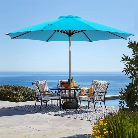 11 FT Patio Umbrella with Base Included, 8-Rib Steel Frame, Waterproof Fade-Resistant Polyester Canopy, Sky Blue