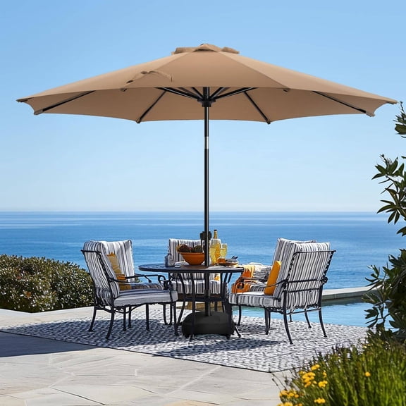 11 FT Patio Umbrella with Base Included, 8-Rib Steel Frame, Waterproof Fade-Resistant Polyester Canopy, Tan