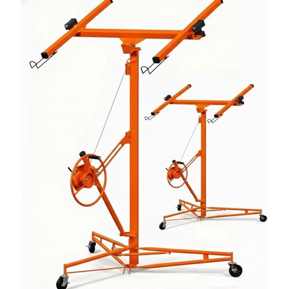 11 Ft Drywall Lift 150 lbs Capacity Sheetrock Hoist with 360 Rotation Telescopic Arm Lockable Wheels and Winch System for Ceiling Installation Orange